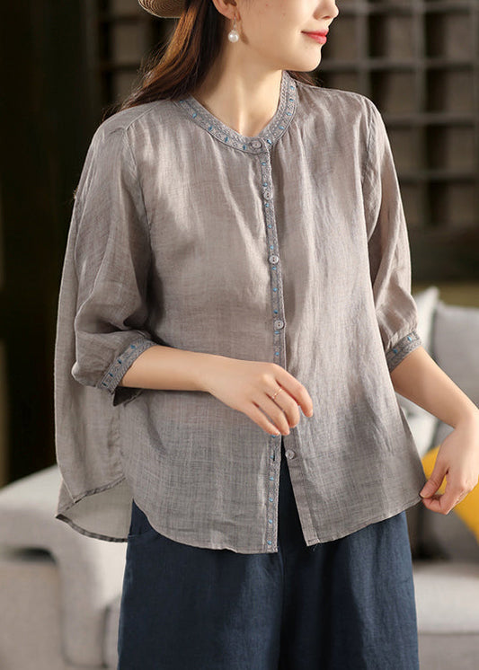 Classy Grey Embroidered Button Linen Blouses Half Sleeve
