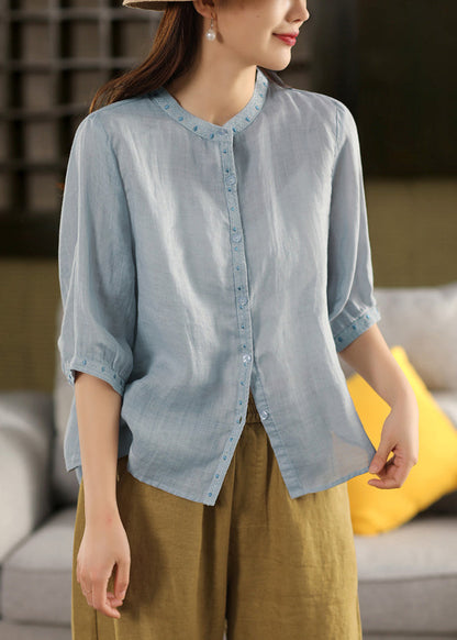 Classy Grey Embroidered Button Linen Blouses Half Sleeve