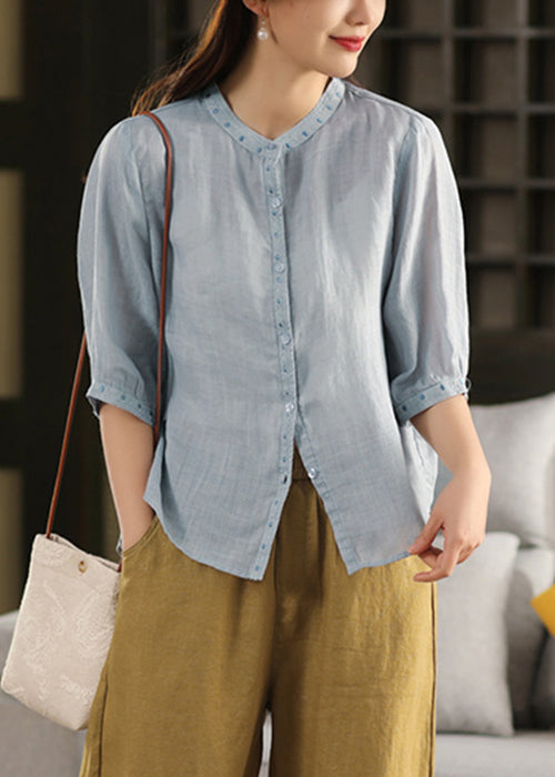 Classy Grey Embroidered Button Linen Blouses Half Sleeve