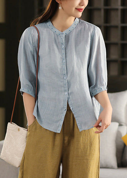Classy Grey Embroidered Button Linen Blouses Half Sleeve