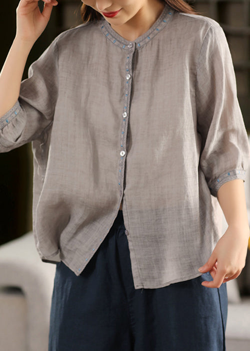 Classy Grey Embroidered Button Linen Blouses Half Sleeve