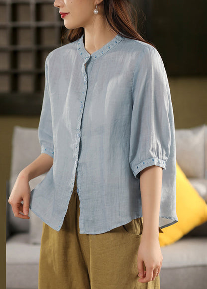 Classy Grey Embroidered Button Linen Blouses Half Sleeve