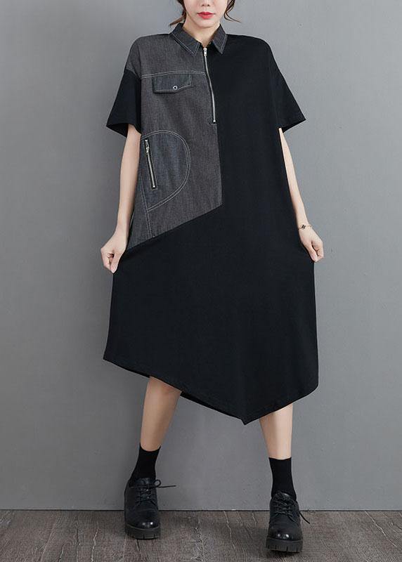 Classy Grey Patchwork Peter Pan Collar Pockets Long Summer Cotton Dress - SooLinen