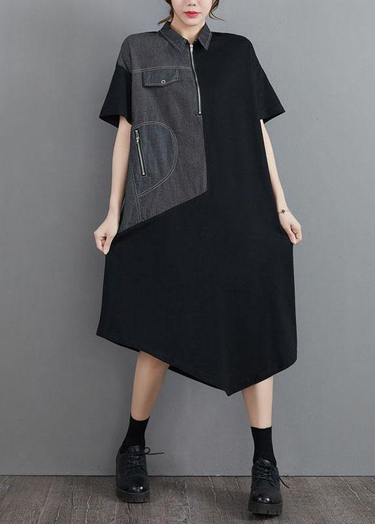 Classy Grey Patchwork Peter Pan Collar Pockets Long Summer Cotton Dress - SooLinen