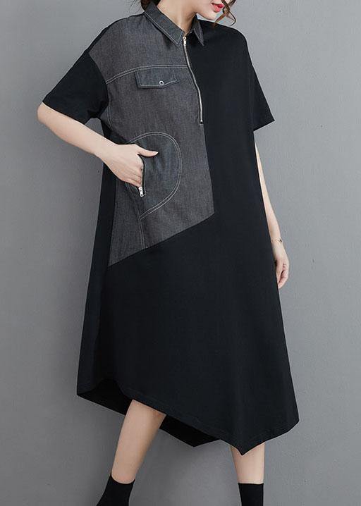 Classy Grey Patchwork Peter Pan Collar Pockets Long Summer Cotton Dress - SooLinen