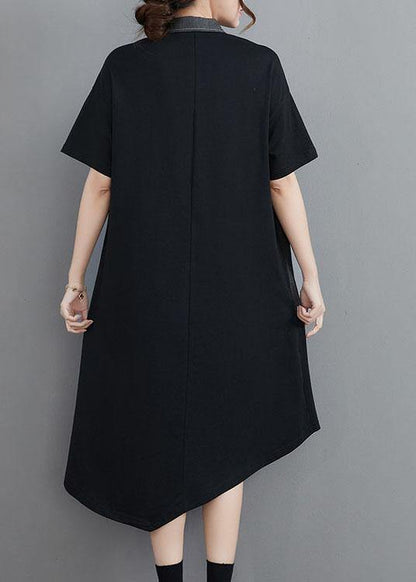 Classy Grey Patchwork Peter Pan Collar Pockets Long Summer Cotton Dress - SooLinen