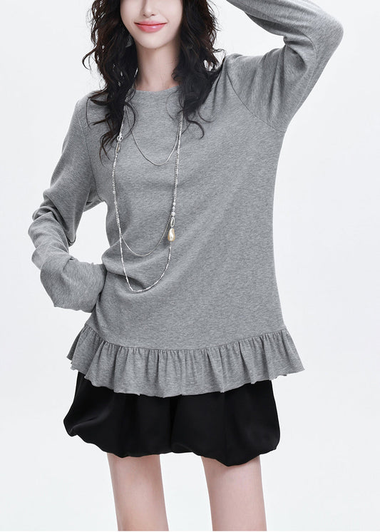 Elegantes graues Rüschen-Patchwork-Baumwollhemd für den Frühling