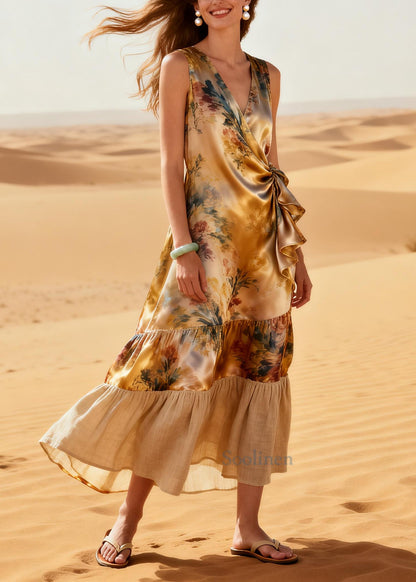 Classy Khaki Asymmetrical Patchwork Linen Silk Robe Dresses Summer