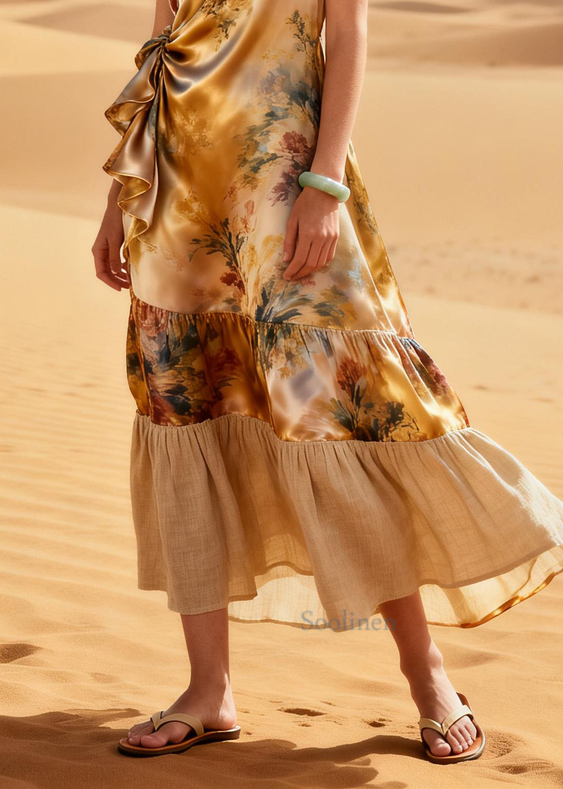 Classy Khaki Asymmetrical Patchwork Linen Silk Robe Dresses Summer