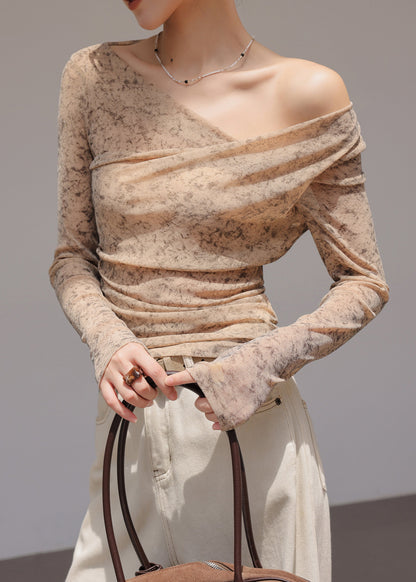 Classy Khaki Cold Shoulder Print Cotton Top Spring