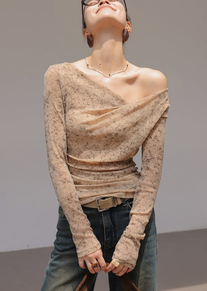 Classy Khaki Cold Shoulder Print Cotton Top Spring