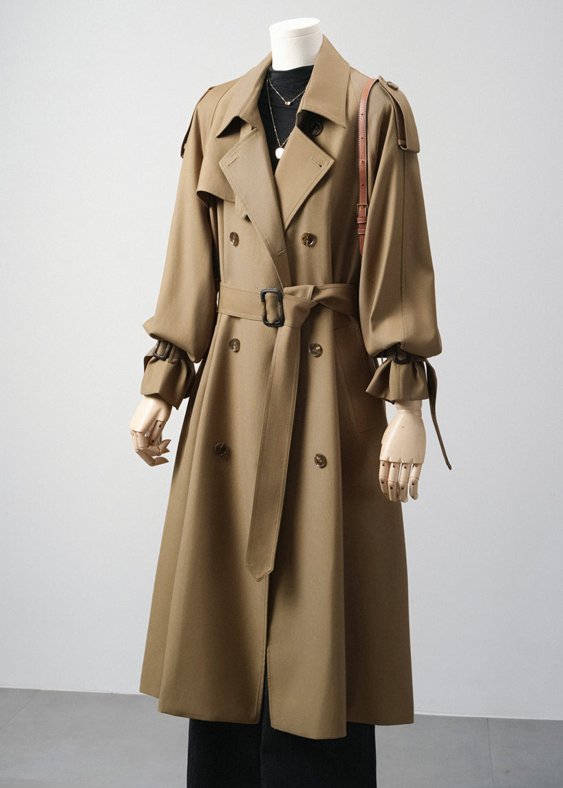Eleganter, khakifarbener, gekerbter, zweireihiger Baumwoll-Trenchcoat für den Frühling