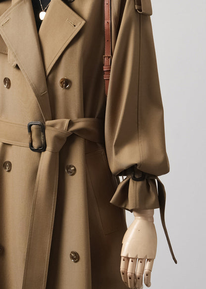 Eleganter, khakifarbener, gekerbter, zweireihiger Baumwoll-Trenchcoat für den Frühling