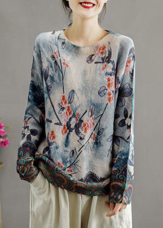 Edler Khaki O-Ausschnitt Print Nerzhaar Strickpullover Langarm