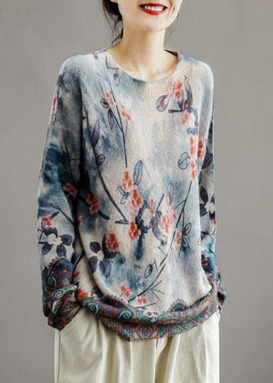 Edler Khaki O-Ausschnitt Print Nerzhaar Strickpullover Langarm