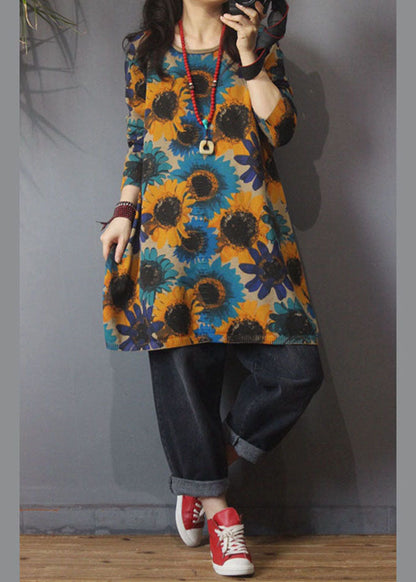 Edler Khaki O-Ausschnitt Print Seite offen Herbst Strick Strick Langer Pullover