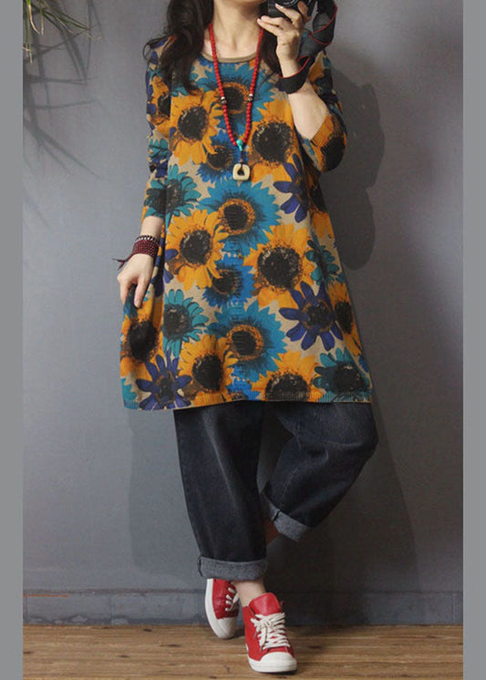 Edler Khaki O-Ausschnitt Print Seite offen Herbst Strick Strick Langer Pullover