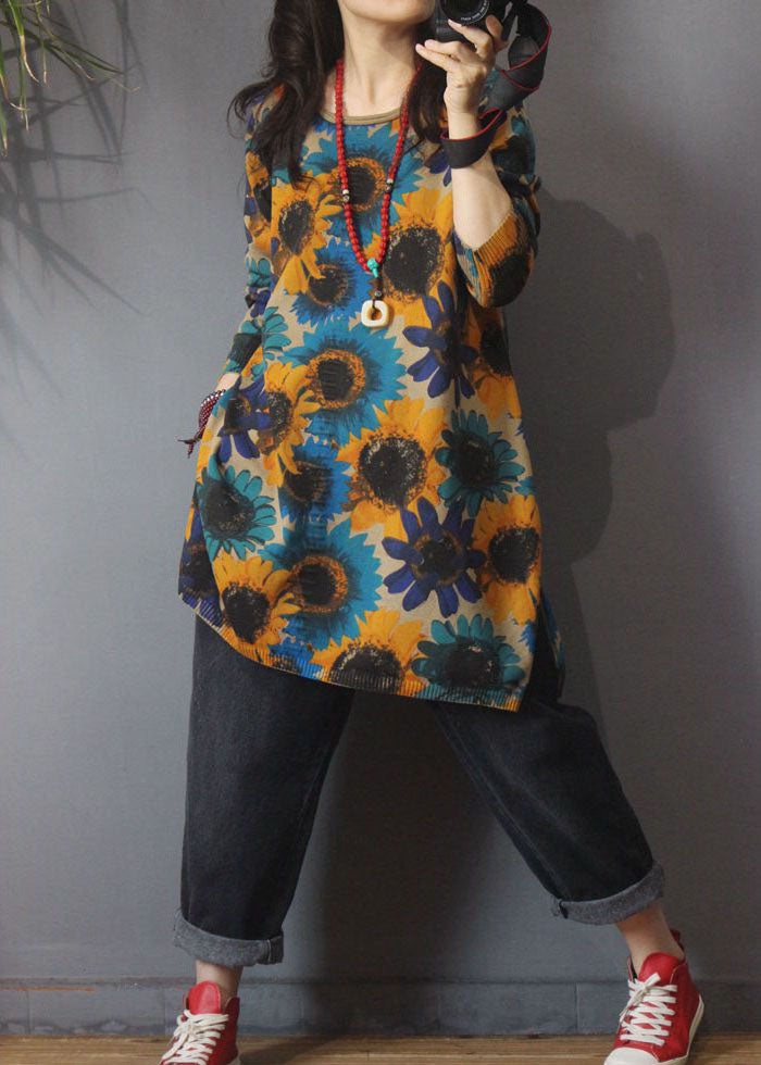 Edler Khaki O-Ausschnitt Print Seite offen Herbst Strick Strick Langer Pullover