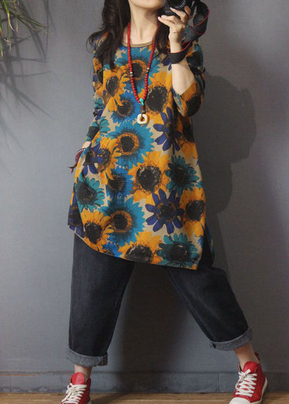 Edler Khaki O-Ausschnitt Print Seite offen Herbst Strick Strick Langer Pullover