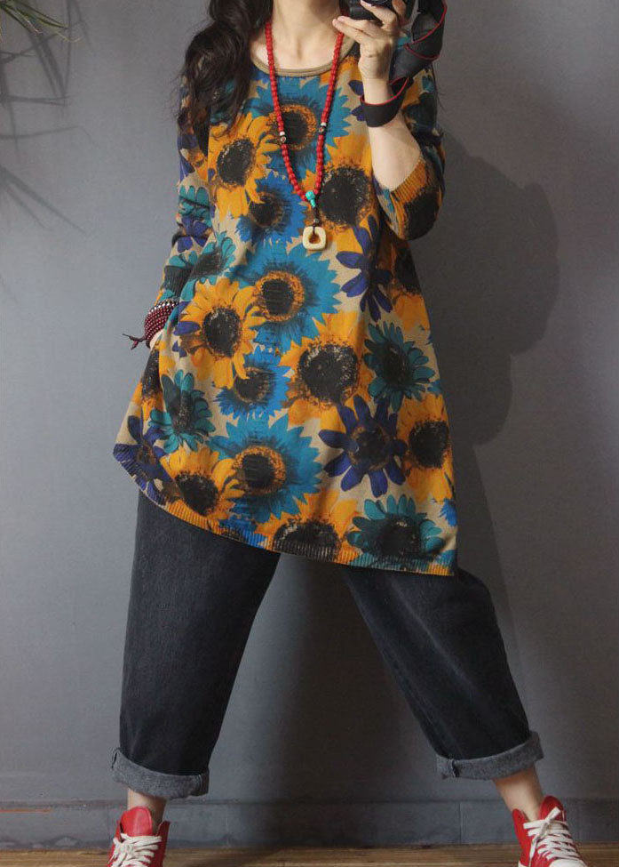 Edler Khaki O-Ausschnitt Print Seite offen Herbst Strick Strick Langer Pullover