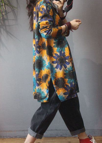 Edler Khaki O-Ausschnitt Print Seite offen Herbst Strick Strick Langer Pullover