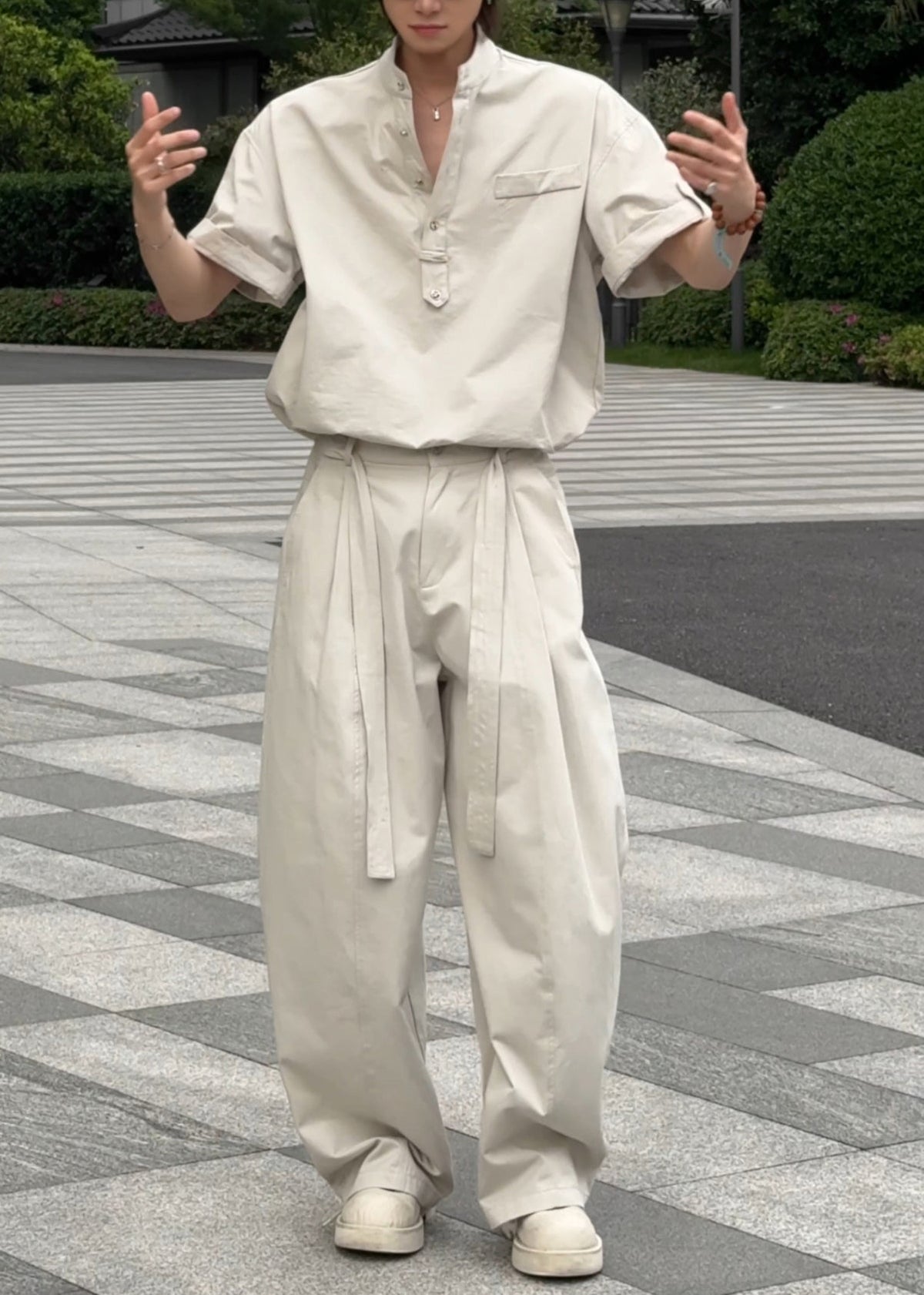 Classy Khaki Oversized Cotton Men Two Pieces Set Fall