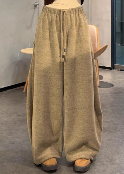Classy Khaki Oversized Drawstring Cotton Pants Winter