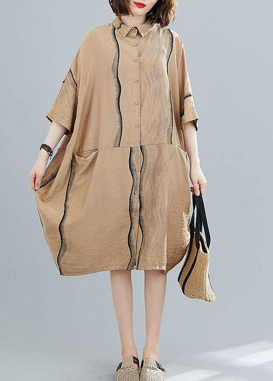 Classy Khaki Patchwork Pockets Summer Half Sleeve Holiday Dress - SooLinen
