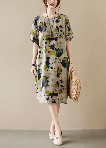 Classy Khaki Print O-Neck Pockets Summer Maxi Dresses Half Sleeve - SooLinen