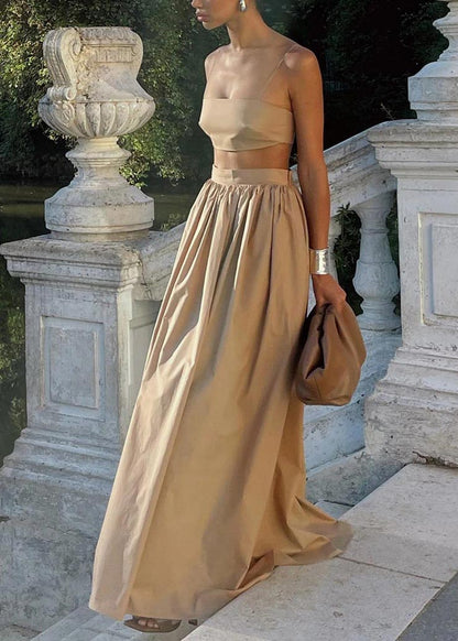 Classy Khaki Silm Fit Bustier Top And Skirts Two Pieces Set Summer