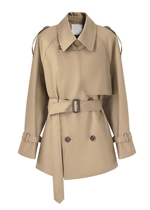 Elegante khakifarbene, doppelreihige Baumwolljacke mit Bindegürtel für den Frühling