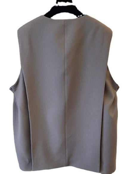 Classy Khaki fashion pleated Pockets Fall Sleeveless Waistcoat