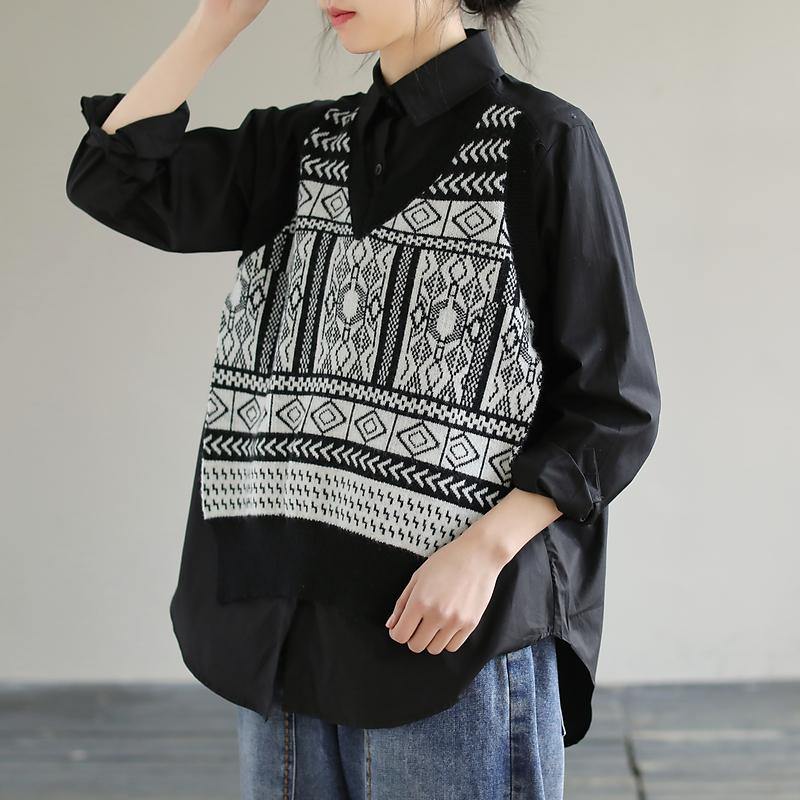 Classy Lapel Patchwork Knit Fabric Spring Black Blouse - SooLinen