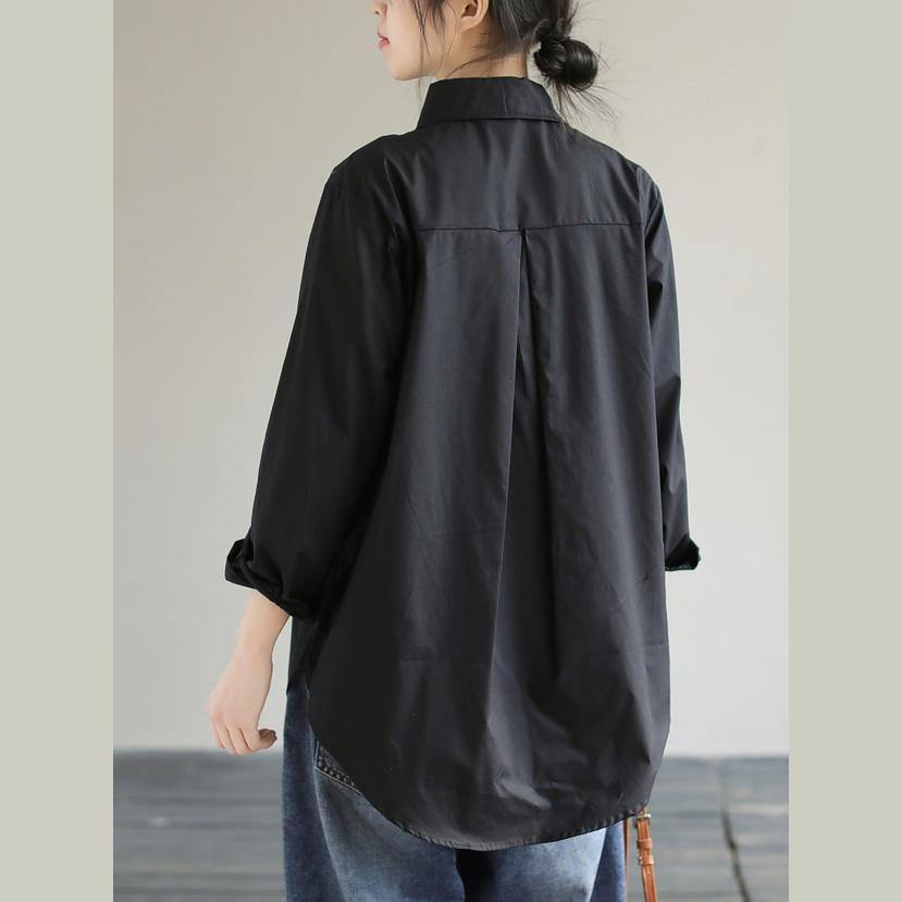 Classy Lapel Patchwork Knit Fabric Spring Black Blouse - SooLinen