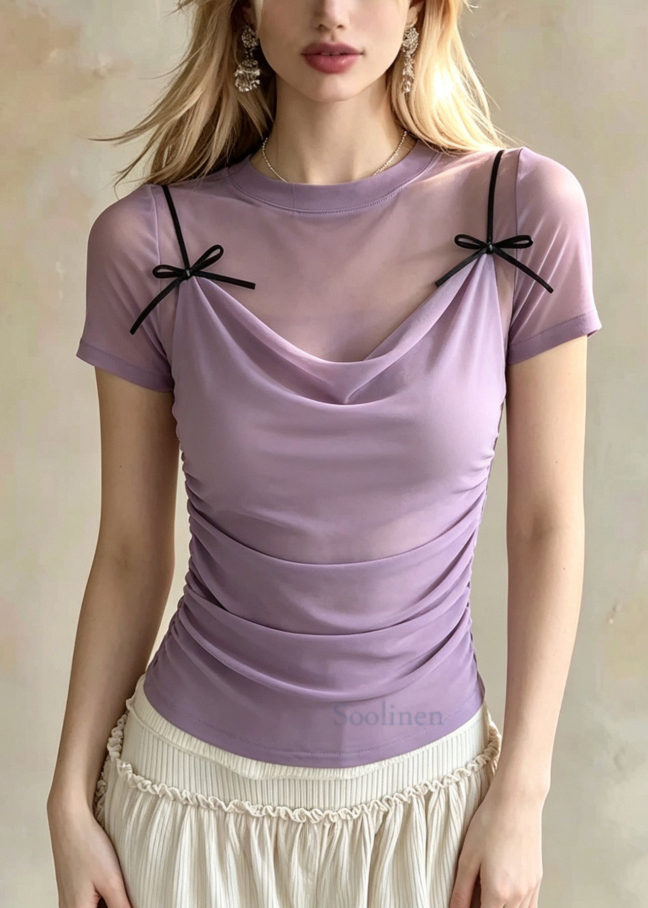 Classy Lavender Bow Patchwork Tulle Fake Two Piece Blouses Summer