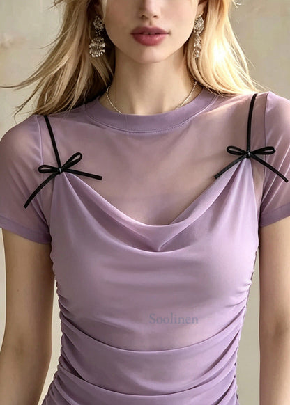 Classy Lavender Bow Patchwork Tulle Fake Two Piece Blouses Summer