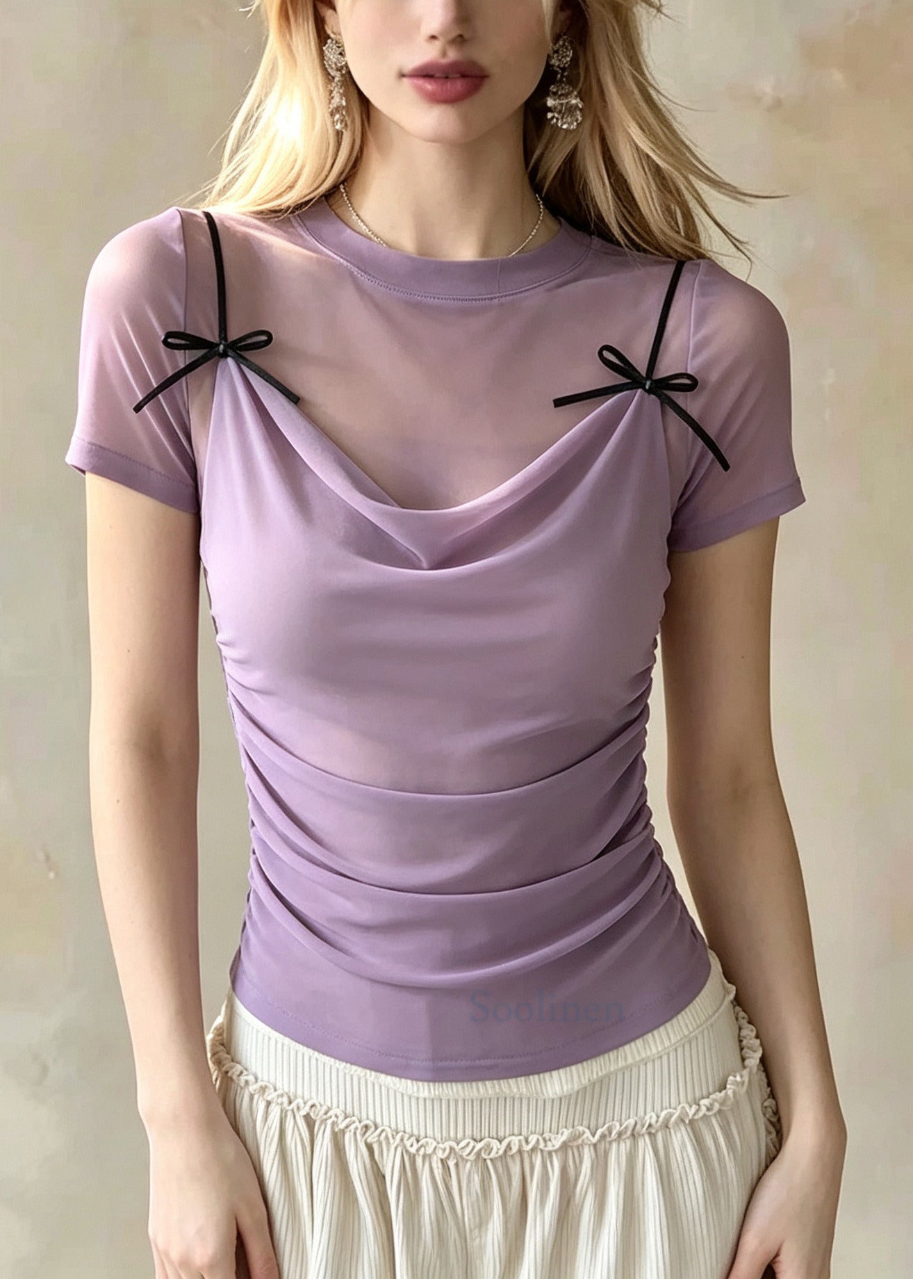 Classy Lavender Bow Patchwork Tulle Fake Two Piece Blouses Summer