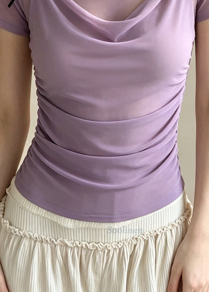 Classy Lavender Bow Patchwork Tulle Fake Two Piece Blouses Summer
