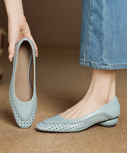 Classy Light Blue Sheepskin Flat Feet Shoes Hollow Out