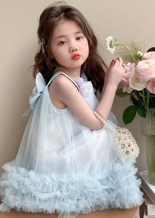 Classy Light Blue Square Collar Floral Bow Tulle Girls Long Dresses Summer