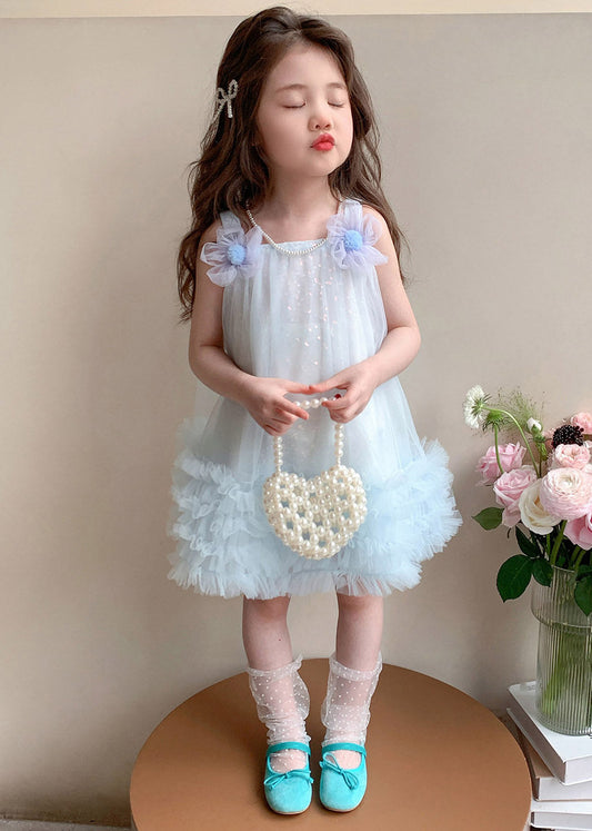 Classy Light Blue Square Collar Floral Bow Tulle Girls Long Dresses Summer