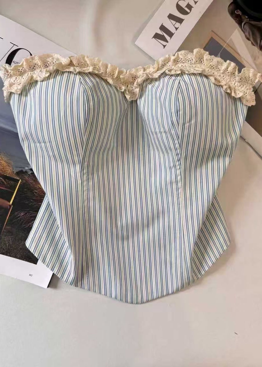 Classy Light Blue Striped Ruffled Patchwork Cotton Strapless Tops Summe