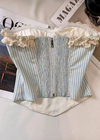 Classy Light Blue Striped Ruffled Patchwork Cotton Strapless Tops Summe