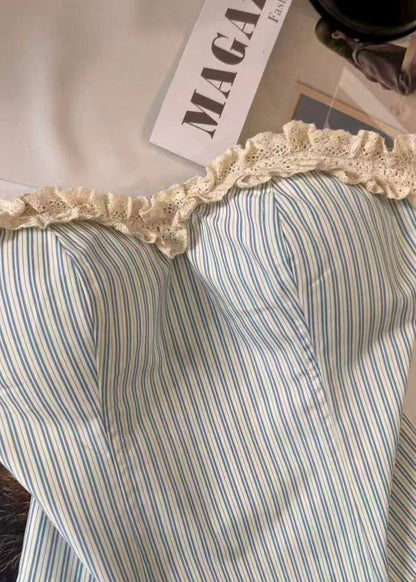 Classy Light Blue Striped Ruffled Patchwork Cotton Strapless Tops Summe