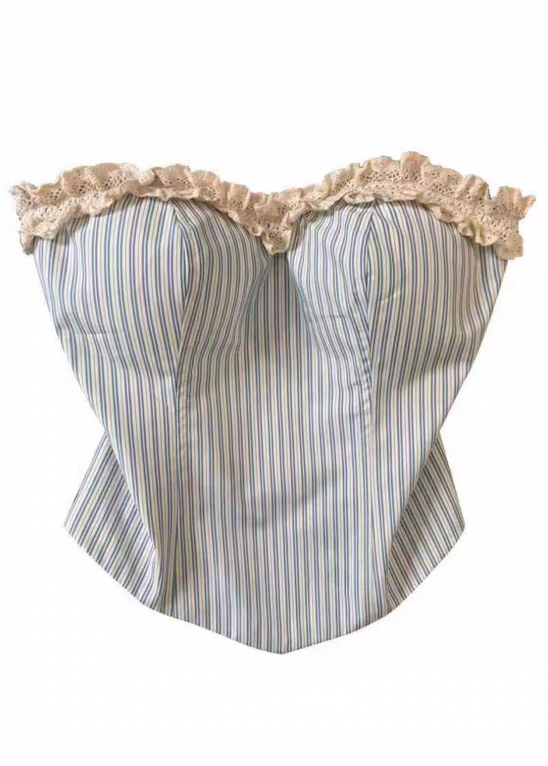 Classy Light Blue Striped Ruffled Patchwork Cotton Strapless Tops Summe