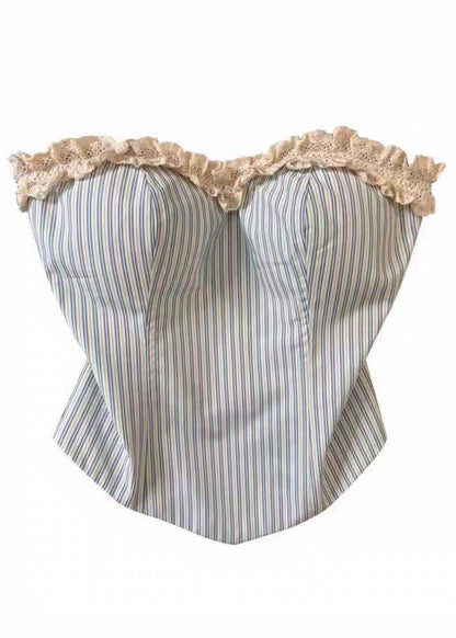 Classy Light Blue Striped Ruffled Patchwork Cotton Strapless Tops Summe