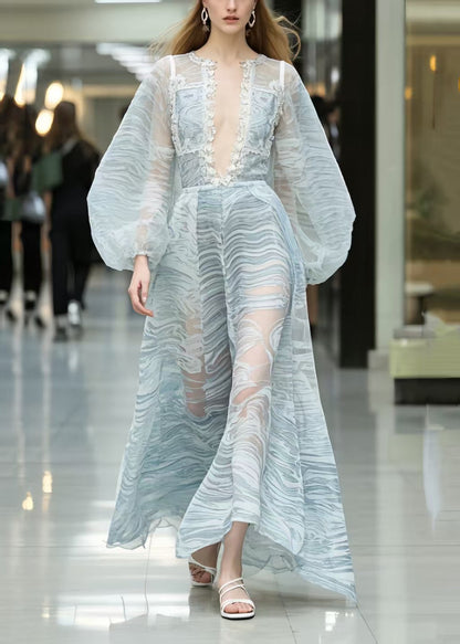 Classy Light Blue V Neck Print Chiffon Dress Lantern Sleeve