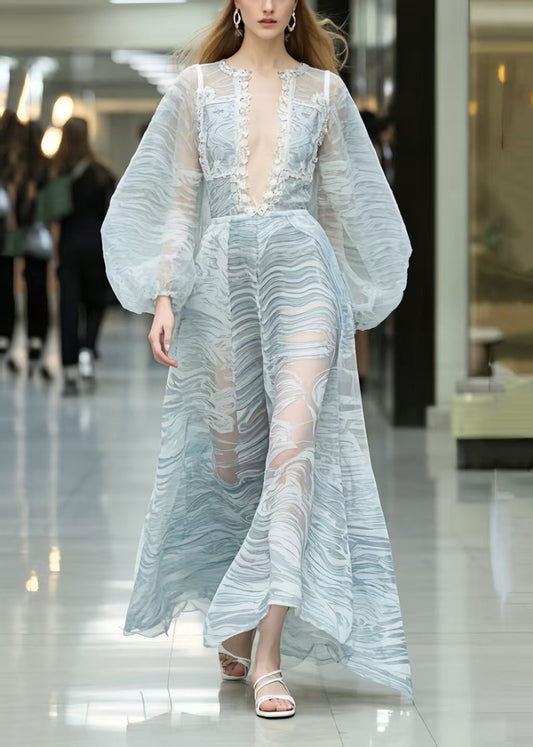 Classy Light Blue V Neck Print Chiffon Dress Lantern Sleeve