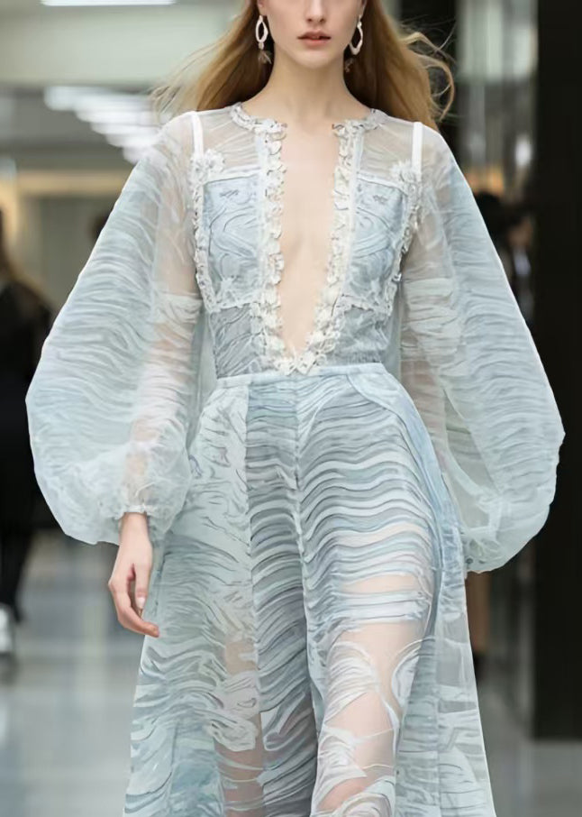 Classy Light Blue V Neck Print Chiffon Dress Lantern Sleeve