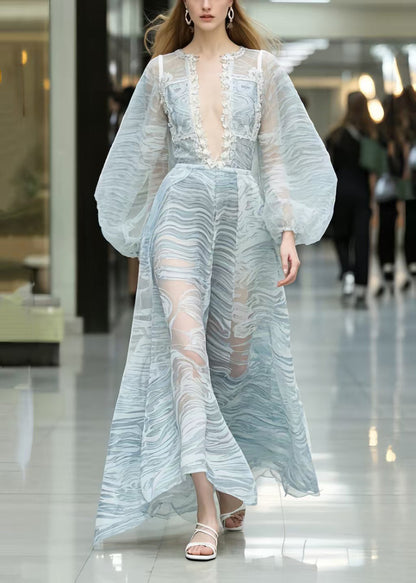 Classy Light Blue V Neck Print Chiffon Dress Lantern Sleeve